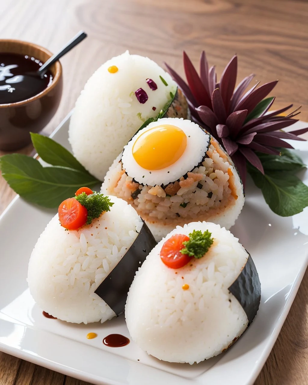 best quality,masterpiece,highly detailed,ultra-detailed,
onigiri,food focus, food, still life,vegetable, blurry, rice <lora:onigiri:0.83>,
white plate,