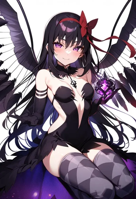1girl, akuma homura, solo, long hair, wings, gloves, elbow gloves, black hair, smile, purple eyes, thighhighs, black gloves, argyle legwear, argyle, bare shoulders, looking at viewer, dress, soul gem, hair bow, bow, choker, feathered wings, white background, zettai ryouiki, simple background, black wings, masterpiece, best quality, late, <lora:char - akuma homura - v1 - bionagato:1>