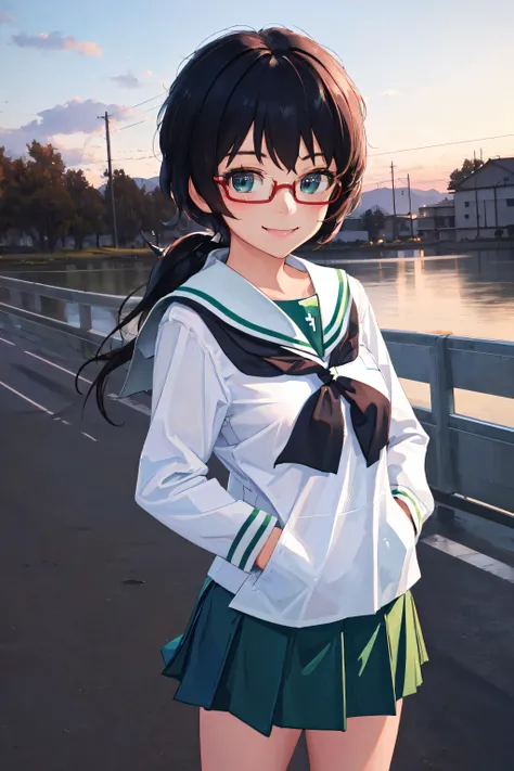 (((picture perfect))),masterpiece, best quality, (Detailed beautiful face:1.2), outdoors,
oryoudef, 1girl, solo, looking at viewer, cowboy shot, smile,hand on pocket, full body
ooarai school uniform, school uniform, serafuku, green skirt,
<lora:Oryou:1>