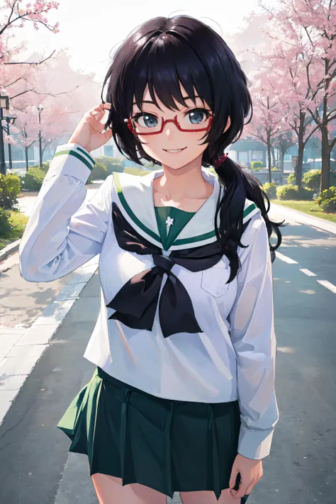 (((picture perfect))),masterpiece, best quality, (Detailed beautiful face:1.2), outdoors,
oryoudef, 1girl, solo, looking at viewer, cowboy shot, smile,hand on pocket, full body
ooarai school uniform, school uniform, serafuku, green skirt,
<lora:Oryou:1>