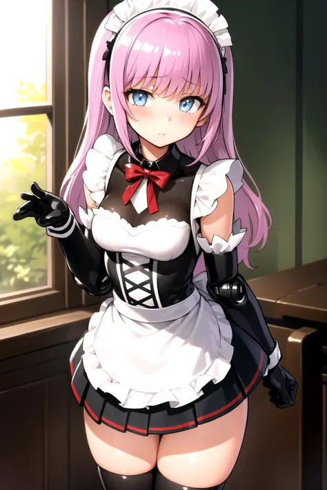 score_9, score_8_up, score_7_up, score_6_up, score_5_up, score_4_up, source_anime, 1girl, worth, pink hair, long hair, white eyes, A thoughtful face, w-w-chain, shackles, messy hair, Maid Costume, black thigh boots, dungeon, best quality, best res, 4K UHD,
