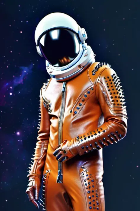 <lora:studs_xl_v1:1>, stylized portrayal of an astronaut in a studded leather space suit, (futuristic:1.3) pose, (sleek:1.2) attire, (galactic:1.1) background, (adventurous:1.2) atmosphere, digital artwork, vibrant colors, trending on ArtStation