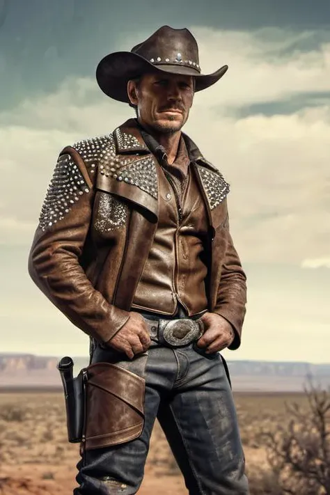 <lora:studs_xl_v1:0.6>, tylized portrayal of a cowboy in studded leather attire, (rugged:1.3) pose, (weathered:1.2) attire, (wild:1.1) background, (authentic:1.2) atmosphere, by, digital artwork, earthy coulors, trending on ArtStation, unique interpretation