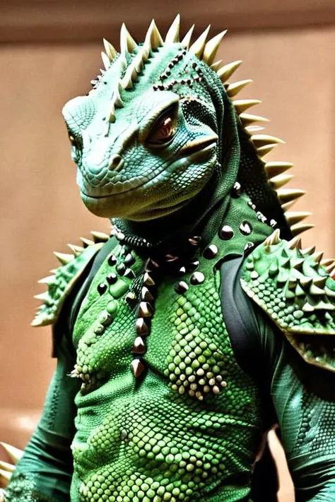 <lora:studs_xl_v1:1>, a photo of a reptilian warrior, lizardfolk,  studded  skin