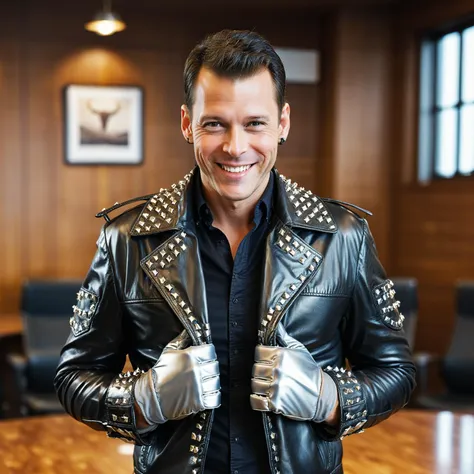 rk-studs, a gorgeous man wearing a Aluminum leather gloves and jacket in a conference room, suggestive pose, inviting smile, cowboy-shot, wearing studded clothes with