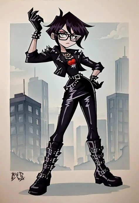 (the image is focused on the girl)A stylish girl in black glasses wearing edgy Chinese-inspired attire - studded leather jacket, pants, dress, gloves, boots, and belt. She exudes a cool, urban vibe with a fusion of traditional and modern elements.