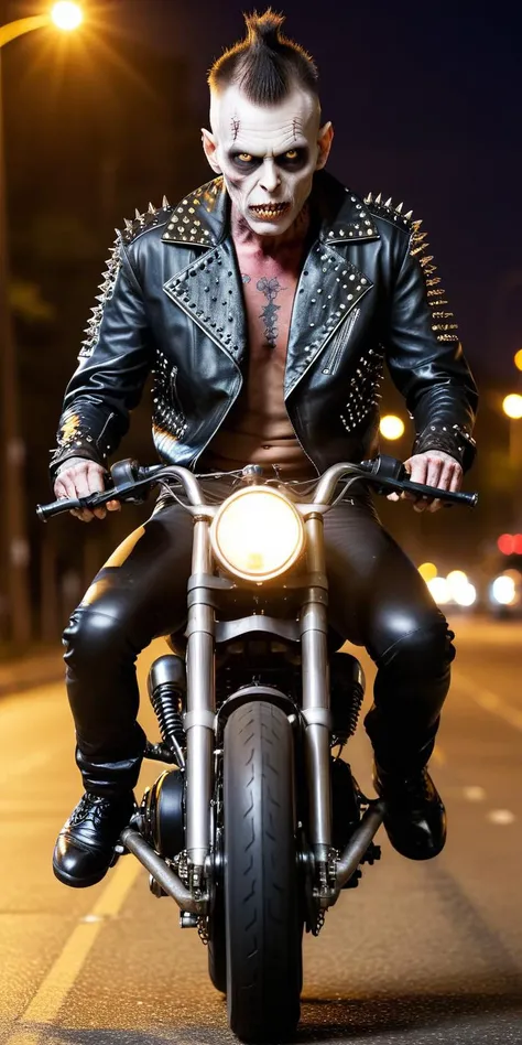 rk-studs, a male zombie wearing studded leather outfit riding a contemporary a high performance bike on a night city road.