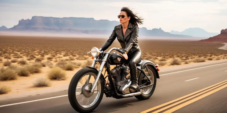 rk-studs, a female biker wearing studded leather outfit riding a vintage a high performance bike on a lonely desert highway.