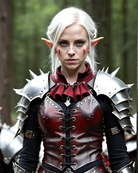 rk-studs, a female elf fighter wearing heavy studded leather armor on a bloody battlefield.