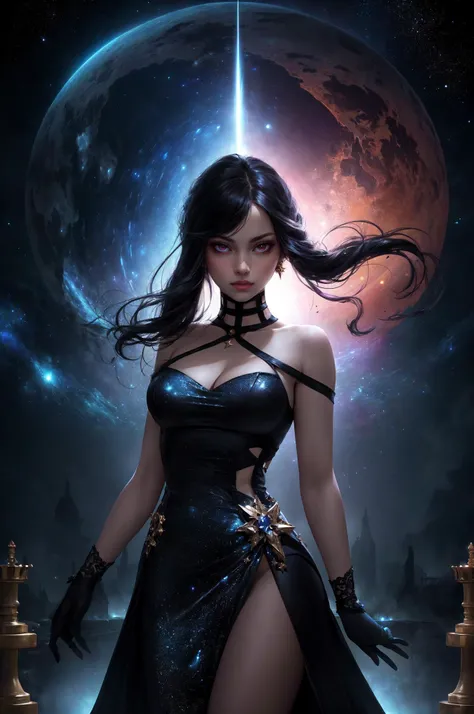 a woman, yor briar, refraction, space dress, stars \(dress\), dissolving, merging, medium breasts, red eyes, bare shoulders, black gloves, cleavage, dress, girl dressed in a flowing gown made of shimmering celestial fabric, adorned with intricate patterns of stars, galaxies, comets and planets., the dress glows with bright flashes of light, creating a mesmerizing effect, night sky, starry sky, star \(sky\), a girl standing with chess mystical pieces on a chess board, with dynamic lighting adding an element of drama, highly detailed rendering with dramatic lighting and atmospheric effects, Digital artwork, Resolution: 4k, cinematic view, (best quality:1.2), (masterpiece:1.3), (high resolution:1.3), <lora:yor_briar:0.65>