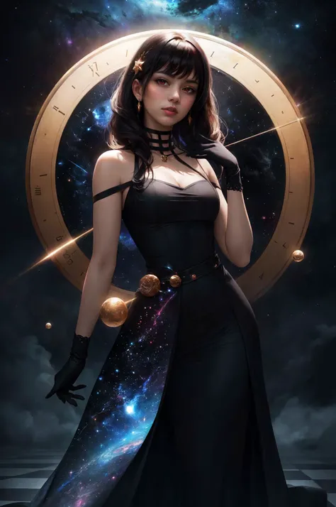 a woman, yor briar, refraction, space dress, stars \(dress\), the dress material is stardust and cosmic nebulae., medium breasts, red eyes, bare shoulders, black gloves, cleavage, dress, girl dressed in a flowing gown made of shimmering celestial fabric, adorned with intricate patterns of stars, galaxies, comets and planets., the dress glows with bright flashes of light, creating a mesmerizing effect, mysterious space clock, night sky, starry sky, star \(sky\), a girl standing with chess mystical pieces on a chess board, with dynamic lighting adding an element of drama, highly detailed rendering with dramatic lighting and atmospheric effects, Digital artwork, Resolution: 4k, cinematic view, (best quality:1.2), (masterpiece:1.3), (high resolution:1.3), <lora:yor_briar:0.65>
