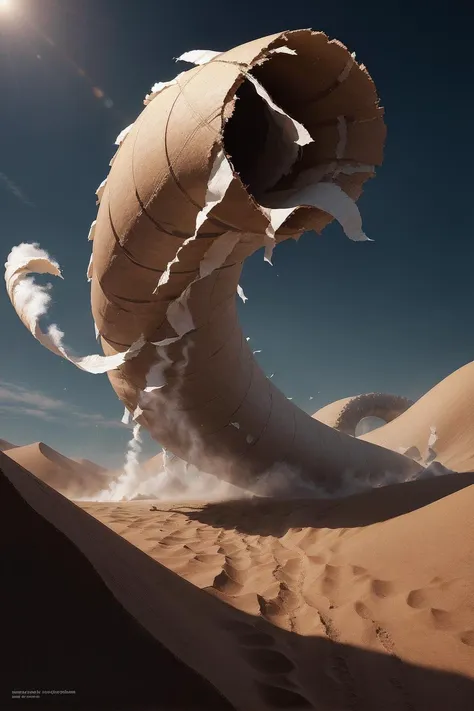 An epic illustration of a gigantic long line of connected empty paper rolls bursting up out of the ground like a sandworm, in a huge spray of sand and loose shreds of toilet paper.
masterpiece, best quality, highres, high resolution, sharp focus, high detail, cinematic shadow, hdr, cardboard tube.
<lora:nightmare10:1.2> <lora:Sandworm:0.3> <lora:LowRA:0.5>