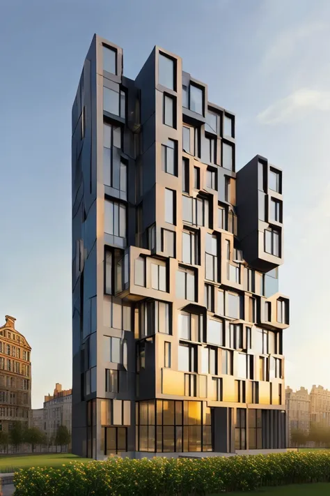 midjourneyi contemporary apartment building designed by a (famous architect), (beautiful architecture), rectangular grid, (ultrawideangle shot), competition winner, retail base, small square windows, shiny metal scales facade, (golden hour), sunset, ultra detailed, highly detailed, hyper detail, hyper realistic, photorealistic, cinematic, rendering, Berlin, archdaily, 500px, archdaily, designboom