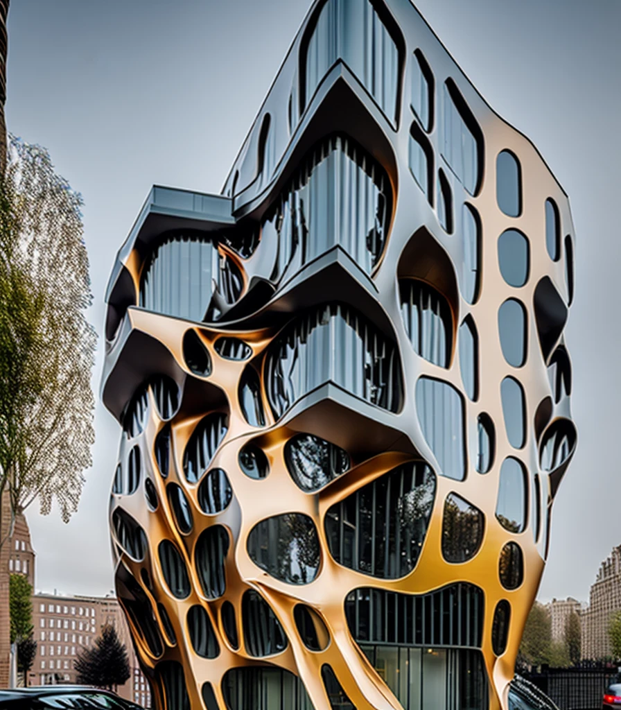 a photo of a parametric building midjourneyi, with a facade made of metal scales, roots, veins, many windows, in a street.