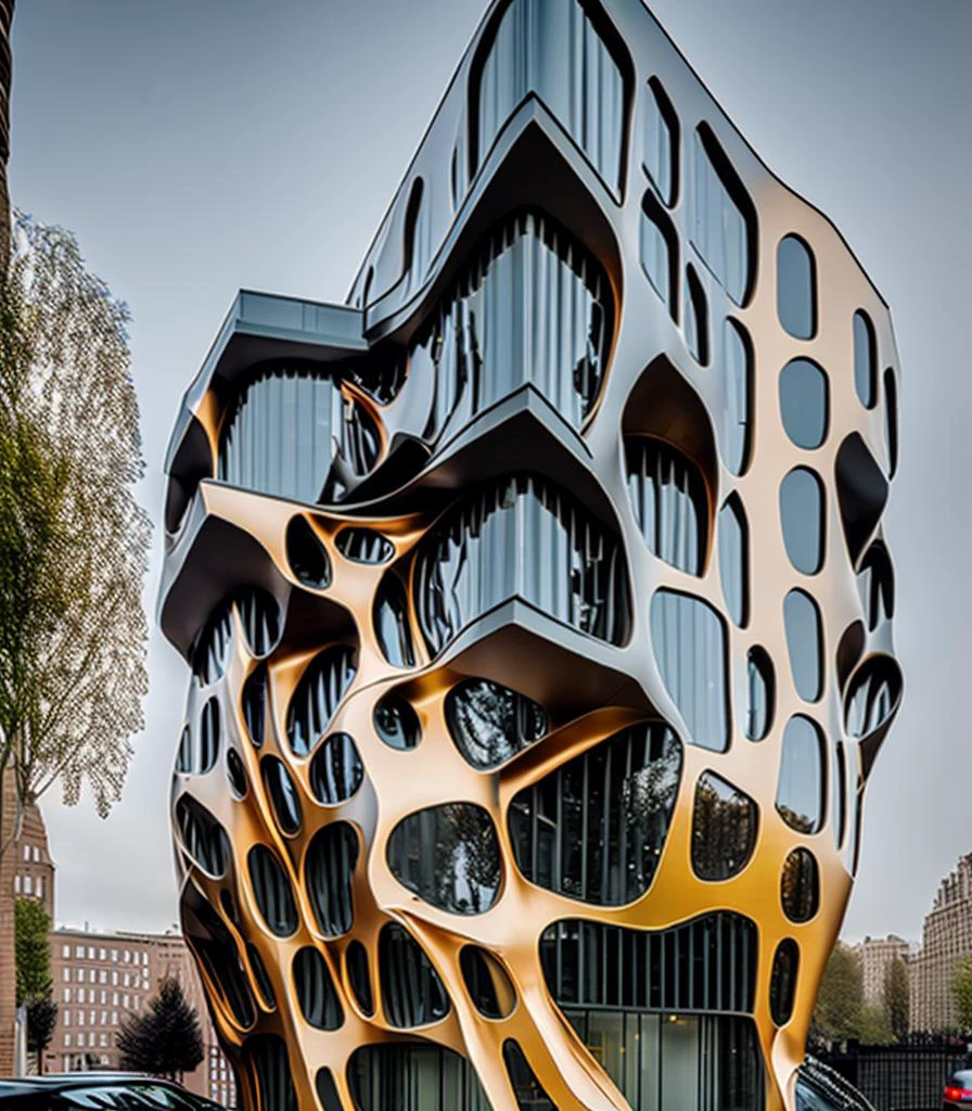 a photo of a parametric building midjourneyi, with a facade made of metal scales, roots, veins, many windows, in a street.