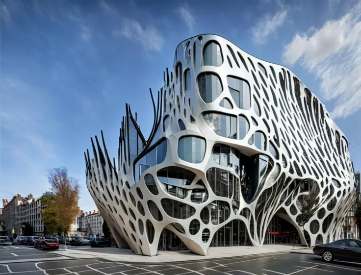 a photo of a parametric building  midjourneyi, with a facade made of metal scales, roots, veins, many windows, in a street.