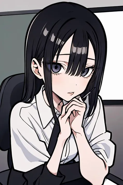 (masterpiece, best quality), a young black haired girl office secretary dressed in a transparent white blouse and black office skirt and black pantyhose ,sitting in an office chair, holding pencil, (detailed skin:1.3),(detailed eyes), (sharp focus), <lora:add_detail:1>