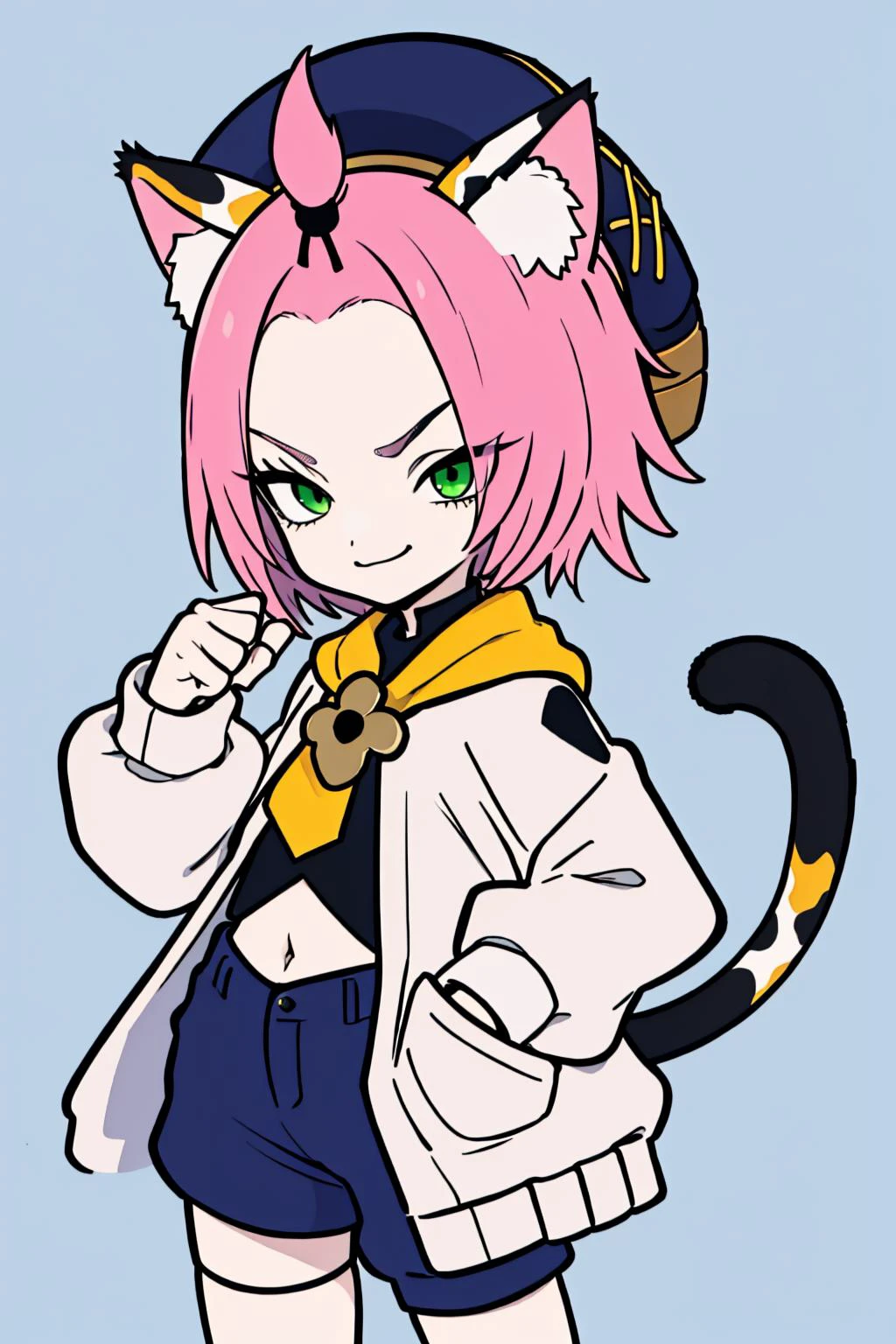 dionarnd, standing, shorts, green eyes, animal ears, cat ears, pink hair, cat tail, animal ear fluff, navel, nice hands, fist, one hand in a pocket, smug, dark blue background, <lora:diona2:1>, <lora:sensualface_type2:.6>