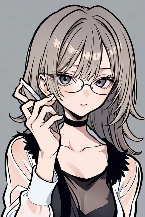 (masterpiece, best quality), 1girl, messy hair, choker, black silk pajamas, see-through, glasses, <lora:add_detail:1>