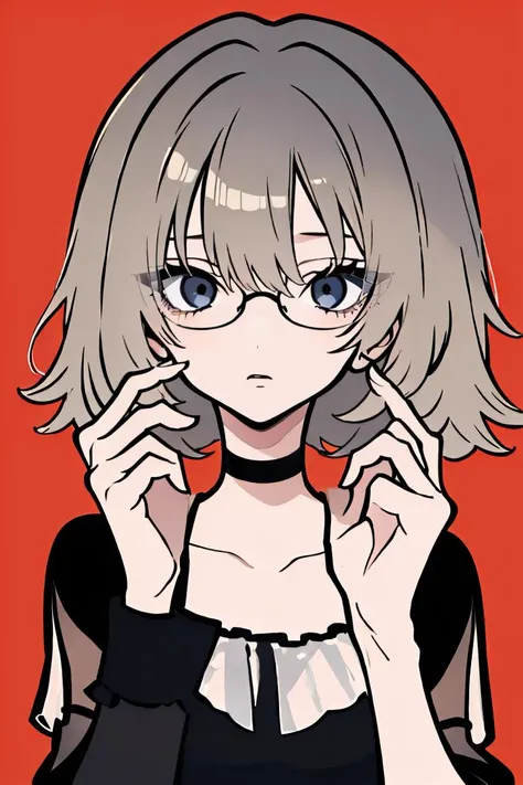 (masterpiece, best quality), 1girl, messy hair, choker, black silk pajamas, see-through, glasses,