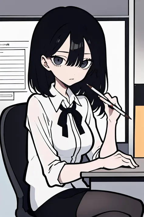 (masterpiece, best quality), a young black haired girl office secretary dressed in a transparent white blouse and black office skirt and black pantyhose ,sitting in an office chair, holding pencil, (detailed skin:1.3),(detailed eyes), (sharp focus),