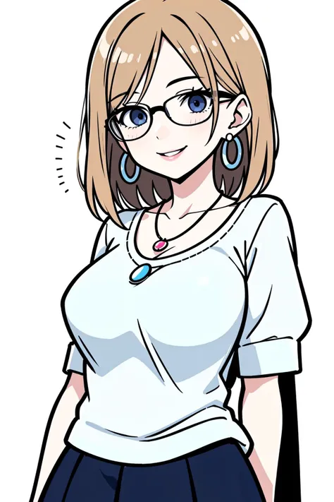 masterpiece, best quality, hires, 1girl, skirt, (((milf, mature female))), necklace, earrings, smile, glasses, white background