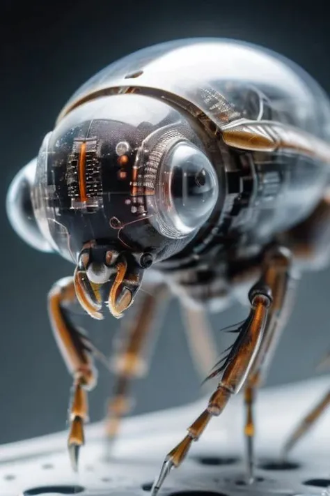 A futuristic electro-optical (((microchip))) implanted on insect's head with optical luminescent phybers, on a white laboratory desk, dramatic lighting, macro photo
Model