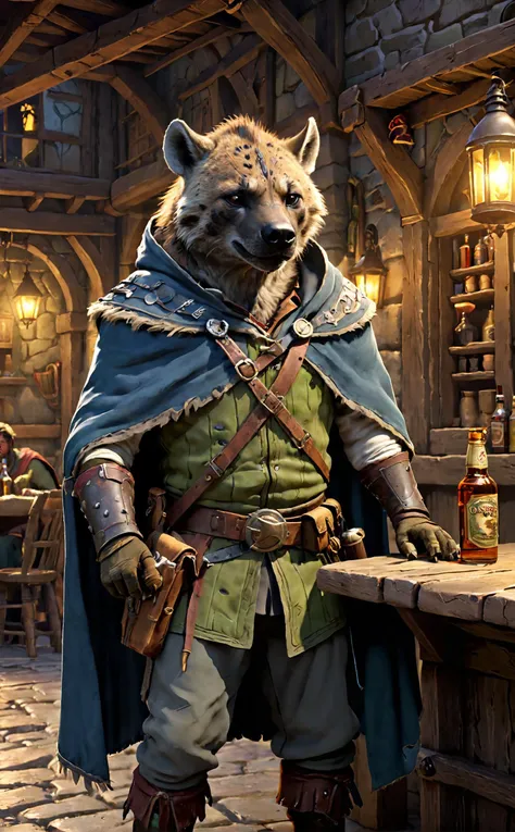 1 man. The mixing race ratio between the hyena and the human is 8:2, and he is dressed as a small outfitter, traveler. He also has one eye and holds a bottle of alcohol in one hand and a classic musket pistol in the other. Wearing a light hood and cape, Dungeons & Dragons' Gnoll Race
Break, The background is a lively tavern near the port.
Break, full shot, cinematic lighting, dramtic Scene,High quality 3D rendering, fantasy, Pixar 3D character design style.
<lora:add-detail-xl:0.8>, <lora:xl_more_art-full_v1:0.5>,