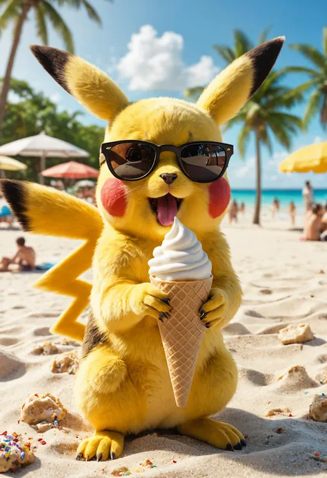 (photorealistic:1.4), a Pikachu with sunglases eating an ice cream on a crowded tropical beach,  <lora:detail_slider_v4:4>