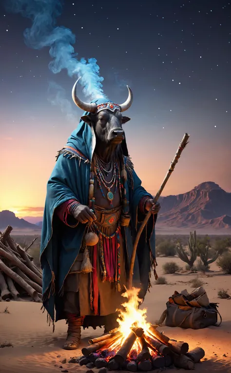 A old aged water buffalo from the western United States wearing a shaman's outfit and a hooded cloak that follows the spirits of nature, such as wind and fire, with a shaman stick and travel baggage in one hand, smoking a cigar in front of a bonfire and practicing shamanism.
Break, A vast and clear night sky with various totems and bonfires in the background of a huge desert oasis shelter.
Break, full shot, cinematic lighting, dramtic Scene,High quality 3D rendering, fantasy, Pixar 3D character design style, ZBrush high-polygon modeling,
<lora:add-detail-xl:0.8>, <lora:xl_more_art-full_v1:0.5>,