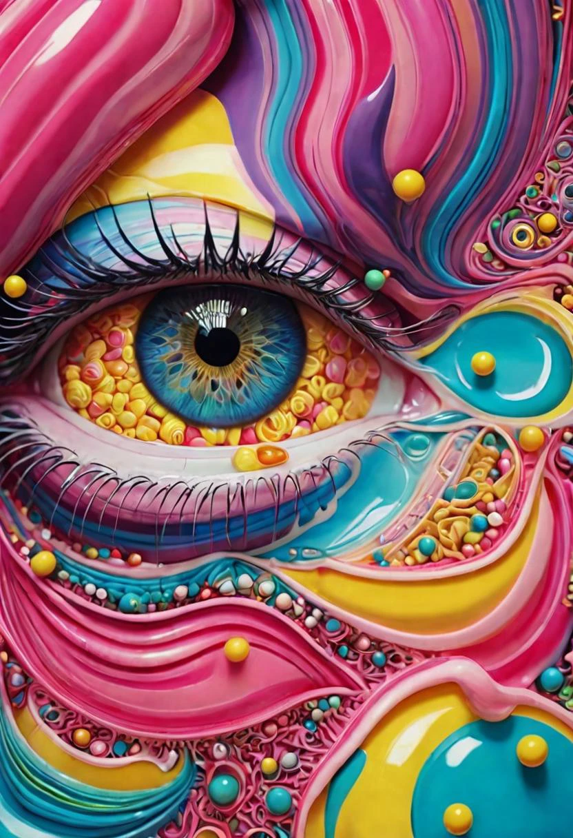 french bubblegum, human eye, surreal, beautiful, highly detailed, 13, art by Frida,
