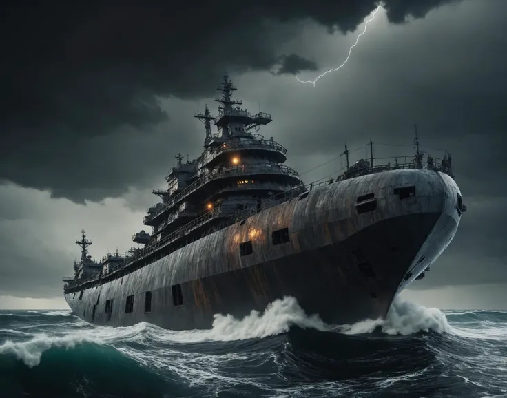 futuristic ship, futuristic, post apocalyptic, stormy sea, dark atmosphere, Fujichrome Provia 100F, F/8, RTX, photolab, high quality photography, 3 point lighting, flash with softbox, 4k, Canon EOS R3, hdr, smooth, sharp focus, high resolution, award winning photo, 80mm