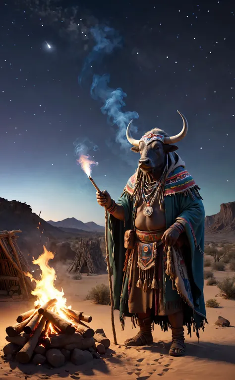 A old aged water buffalo from the western United States wearing a shaman's outfit and a hooded cloak that follows the spirits of nature, such as wind and fire, with a shaman stick and travel baggage in one hand, smoking a cigar in front of a bonfire and practicing shamanism.
Break, A vast and clear night sky with various totems and bonfires in the background of a huge desert oasis shelter.
Break, full shot, cinematic lighting, dramtic Scene,High quality 3D rendering, fantasy, Pixar 3D character design style, ZBrush high-polygon modeling,
<lora:add-detail-xl:0.8>, <lora:xl_more_art-full_v1:0.5>,