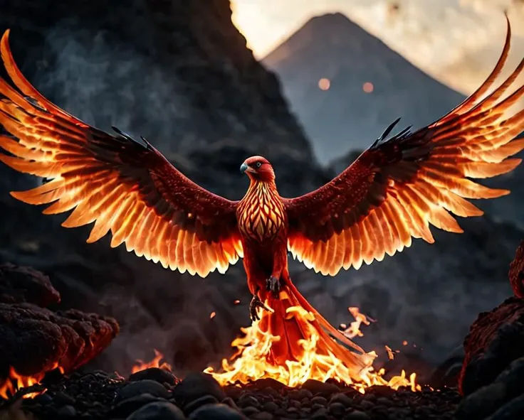 cinematic film still cinematic photo award winning fantasy photo,  hd, masterpiece, ultra realistic, .35mm photograph, film, bokeh, professional, 4k, highly detailed, mystic, wise, deep focus, ultra sharp, deep of field,  <lora:add-detail-xl:1>
ultra detailed, a firebird is rising from the ashes, detailed flaming wings, flames, vulcano, lava, smoke,
. shallow depth of field, vignette, highly detailed, high budget, bokeh, cinemascope, moody, epic, gorgeous, film grain, grainy