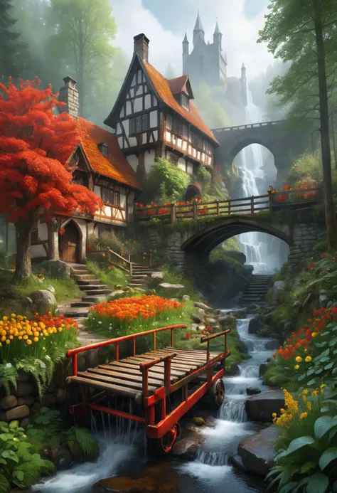 medieval village, ornate, beautiful, atmosphere, vibe, mist, smoke, chimney, rain, well, wet, pristine, puddles, red and yellow flowers, waterfall, melting, dripping, snow, creek, lush, ice, bridge, cart, orange, green, stained glass, forest, flowers, concept art illustration, color page, trending on artstation