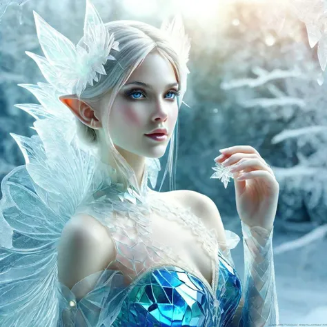 Elves, <lora:SDXLFrosted:1> FrostedStyle beautiful female Elve with Elve ears, focus on face, beautiful bright and sharp blue eyes, delicate, very colorful with many colors. blue dress made of broken glass,<lora:Made_of_pieces_broken_glass-000001:0.8>. large aperture, shallow depth of field, light foreground, dark background, dramatic lighting of face, Christmas, winter, snow flakes falling <lora:snowflakes_xl_v1:1>, Hyper-realistic. Photographic. High detail. clarity. sharp, Cinematic. 8k. HD.