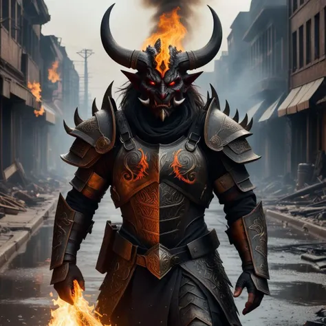 ((detailed fire demon )), wearing runes armor, ragnark, destroyed burning city street after nuclear blast flodded with ((black water:1.2)), post apocalyptic, warzone, ((fire)) , smoke
BREAK
(masterpiece, best quality, ultra realistic, 4k, 2k, (intricate, high detail:1.2), film photography, soft focus,
RAW photo, photorealistic, analog style, subsurface scattering, photorealism, absurd res)