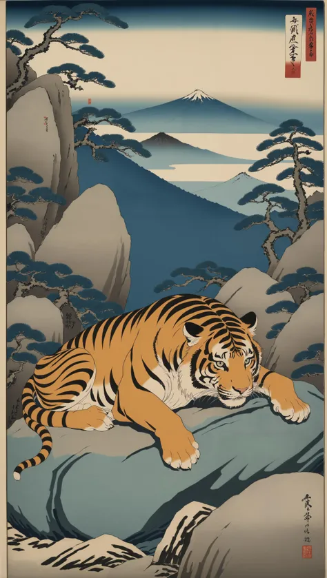 A tiger resting on a rock in the mountain, ukiyo-e,