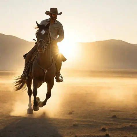 The sun ascends over the dusty plains, casting golden light on a lone cowboy riding towards the horizon, his horse's hooves kicking up the dawn-lit earth --ar 3:2