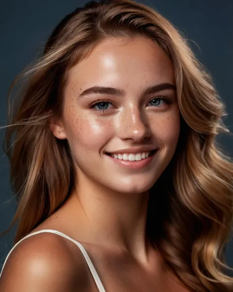 a beautiful woman 22yo with freckles on her face and shoulder, smiling at the camera, color background, photorealistic, imperfections, looking over shoulder, head tilt, raised eyebrow, cheek mole, blonde lush hair, (extra detailed eyes:1.1), remarkable detailed blue pupils, godrays, hazy, textudark skin, (realistic dull skin noise:0.9),( visible skin detail:0.9), skin fuzz, (dry skin:1.1), warm colour gamut, specular reflections, 8k, laughter lines, asymmetric smile, slightly dusty atmosphere, shot with cinematic camera, high quality photography, 3 point lighting, flash with softbox, 4k, Canon EOS R3, hdr, smooth, sharp focus, high resolution, award winning photo
<lora:more_details:0.9>