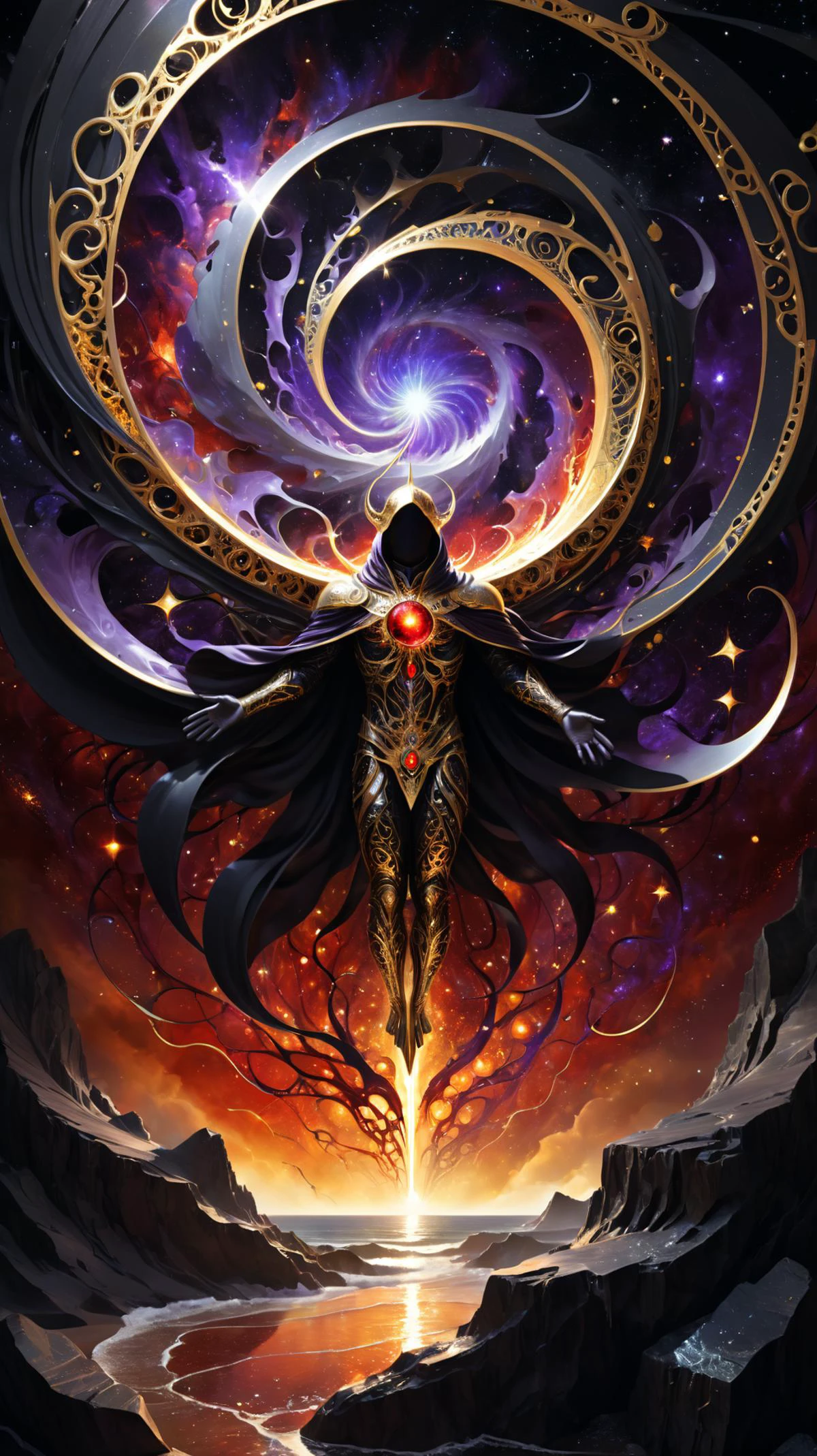 a masterful and gritty digital fantasy painting in the style of Anato Finnstark and Greg Rutkowski, The Cosmos spread open and fold in to welcome an ancient sleeping evil god as it awakens and arises from the black sea of infinity, dark atmoshpere, swirling abstract patterns, bright gold filigree, red black gold and purple colors, beams of light, shattered glass, thin silver arcane etchings engraved in negative spaces, uhd, 8k, bright and vivid colors, intense lighting, award winning masterpiece, extremely detailed, detailed background, cinematic, complex and multidimensional lighting, <lora:xl_more_art-full_v1:0.6>, xlmrblng15-1300