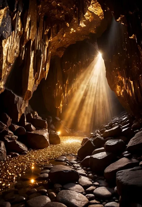 giant dark cave wall with interveined with gold and jewels, radiant beams of light reflecting in glimmering jewels, intricate details, natural stone, mysterious lighting, extremely detailed, cinematic lighting, film shot, film grain, sharp focus, dark atmosphere