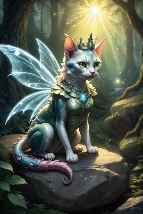 vintage magazine cover text "Talos" special edition with illustration of a translucent hybrid cat fairy dragon reptile dragon cat, wearing maid dress, princess crown, scales, fireflies, light rays, sitting on a rock in a dark forest