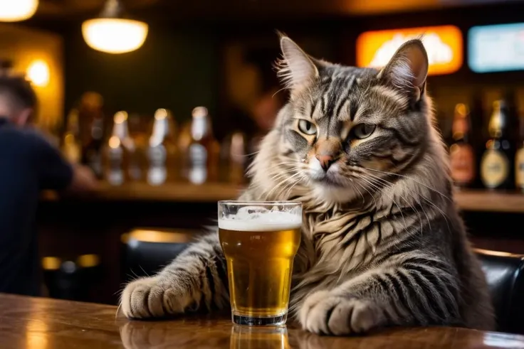 RAW photo,  a cat with a hangover,  bar,  beer,  8k uhd,  dslr,  soft lighting,  high quality,  film grain,  Fujifilm XT3