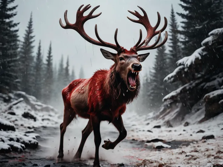 Full body photo of red angry Reindeer with an (oversized head) (screaming) full of blistering rage raining down onto a wintery scenario, (running towards viewer:1.4), majestic antlers, ultra realistic, skin detail