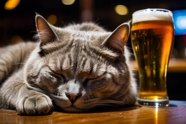 RAW photo, a cat with a hangover, sleeping, bar, beer, 8k uhd, dslr, soft lighting, high quality, film grain, Fujifilm XT3