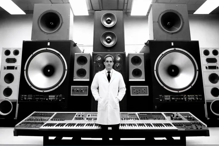 monochrome archive photograph of scientists in lab coats standing before a giant synthesizer with many (large speakers:1.1), rule of thirds, geometric, Sharp focus, high resolution, prime lens, crisp detail, portra 400, vibrant color, rule of thirds