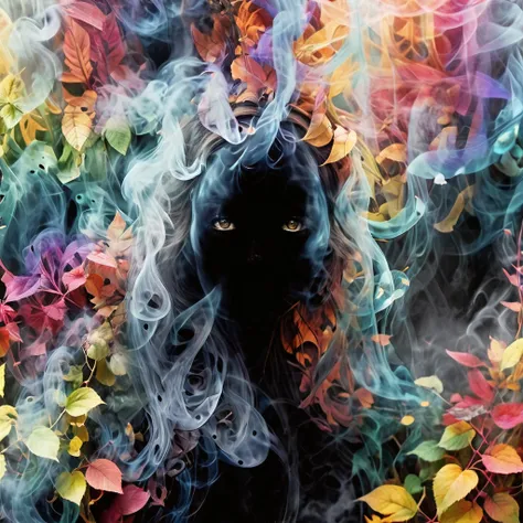 a magical, colorful, dazzling, ethereal being emerging from the smoke, surrounded by colorful leafy structures, serene and peaceful expression, mysterious eyes, surreal, high contrast, dark, artistic, <lora:SDXL_Black_Sa_May:1.00>, <lora:sdxl_wrong_lora:1.00>, <lora:Surreal Harmony:0.5>, <lora:add_detail:1.00>, <xl_more_art-full_v1:0.75>