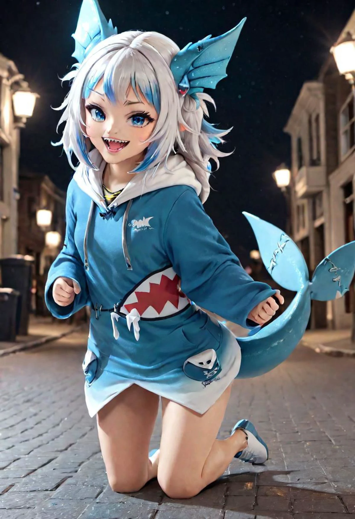 <lora:Gawr_Gura__SDXL:1> gawr gura, teeth, solo, tail, sharp teeth, shark tail, shark girl, hood, looking at viewer, hoodie, smile, blush, open mouth, hair ornament, walking on a city street at night, blue claws, critterz, cute, dragon wings, critter
