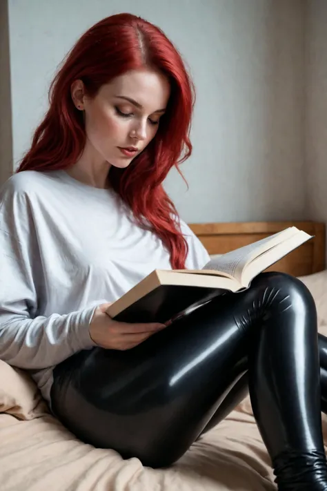 a pale  woman in PVC leggings and an oversize tshirt curled up reading a book
